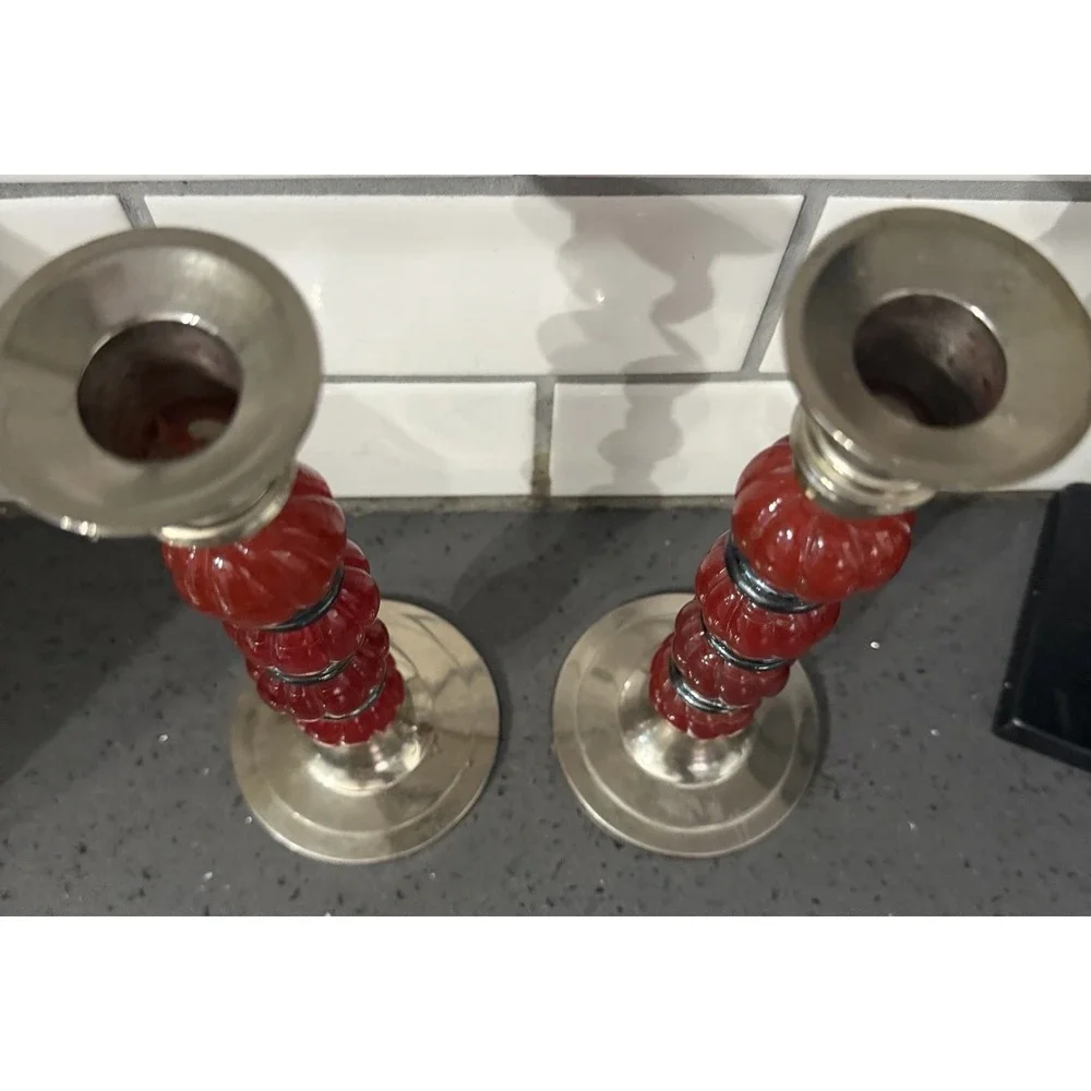 Vtg Silver Tone Red Glass Beads Candle Stick Holders Set Of 2